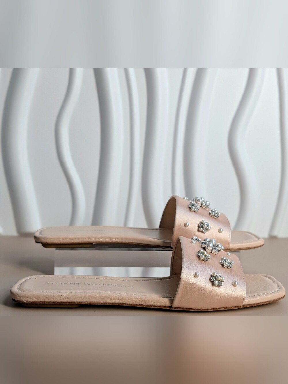 NWT Stuart Weitzman Poppy Embellished Slide Sandals Blush Pearl Crystal Size 8 - Picture 4 of 11
